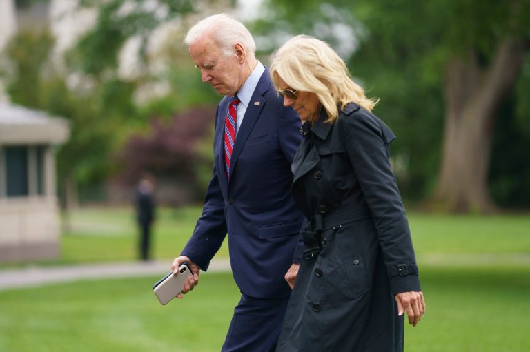 President Joe Biden and first lady Jill Biden arrive on the South Lawn of the White House, Tuesday, May 30, 2023, in Washington. 