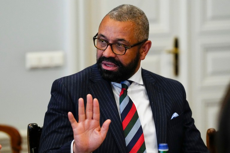 Britain's Secretary of State for Foreign, Commonwealth and Development Affairs James Cleverly speaks during his meeting with Estonian Prime Minister Kaja Kallas at the Stenbock House in Tallinn, Estonia, Tuesday, May 30, 2023. 