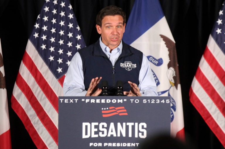 Florida Gov. Ron DeSantis speaks to voters at a rally in Council Bluffs, Iowa, Wednesday. Several hundred people filled half of an event center to listen to DeSantis speak in his first trip to Iowa since announcing his presidential campaign.