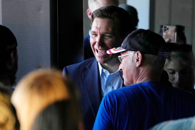 Republican presidential candidate Florida Gov. Ron DeSantis chats with guests during a campaign event, Thursday, June 1, 2023, in Salem, N.H. 