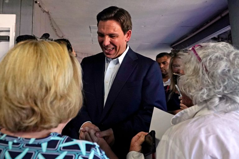 Republican presidential candidate Florida Gov. Ron DeSantis chats with guests during a campaign event, Thursday, June 1, 2023, in Salem, N.H.