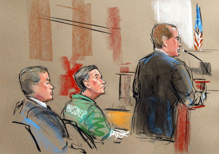 In this artist depiction, U.S. Attorney Randy Bellows, right, addresses the court during the sentencing of convicted spy Robert Hanssen, center, seen with his attorney Plato Cacheris, left, at the federal courthouse in Alexandria, Va., May 10, 2002. 
