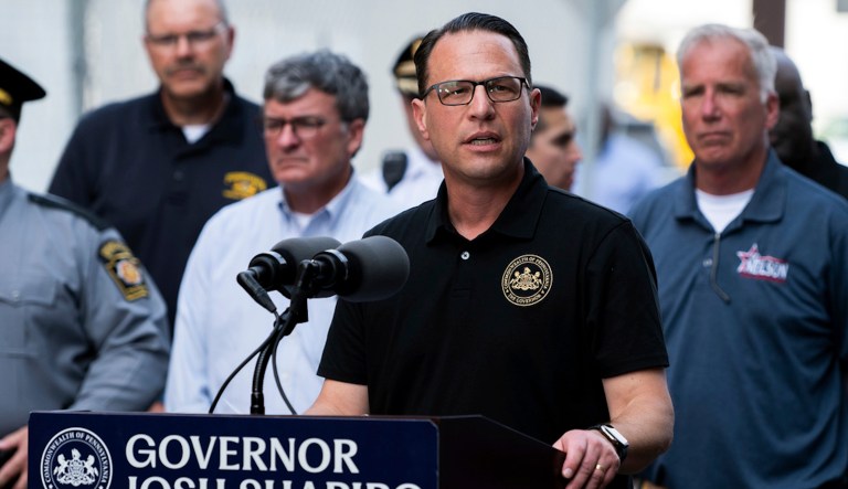 Gov. Josh Shapiro (D-PA) speaks during a news conference following the collapse of an elevated section of Interstate 95 after a tanker truck caught fire, Sunday, June 11, 2023, in Philadelphia.