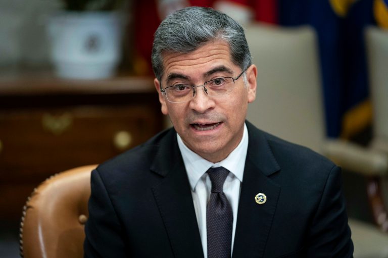Health and Human Services Secretary Xavier Becerra speaks during a meeting with a task force on reproductive health care access in the Roosevelt Room of the White House, April 12, 2023, in Washington.