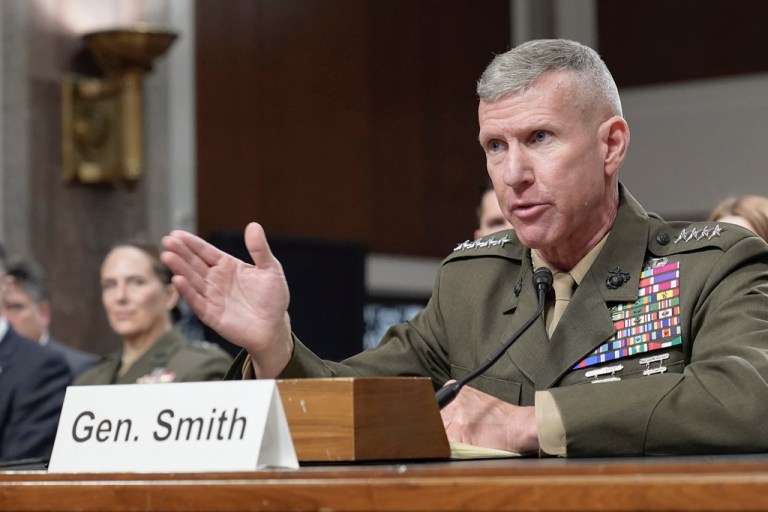 Marine Gen. Eric Smith testifies during the Senate Armed Services hearing on his nomination to lead the U.S. Marine Corps, Tuesday, June 13, 2023, on Capitol Hill in Washington. 