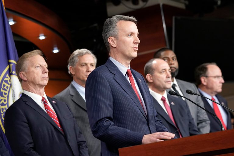 Rep. Ben Cline (R-VA), center, speaks during a Republican Study Committee news conference on the FY2024 budget on Wednesday, June 14, 2023, on Capitol Hill in Washington.