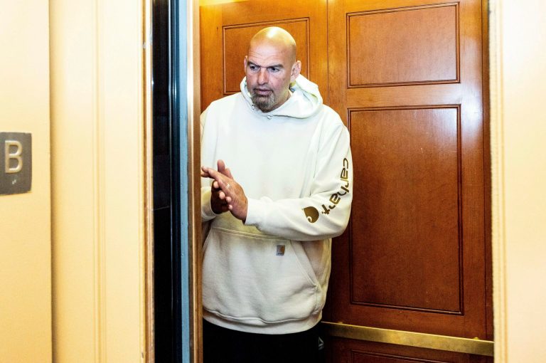 Sen. John Fetterman (D-PA) on an elevator near the Senate Subway at the Capitol. Sen. Chuck Schumer (D-NY) amended Senate rules to permit more casual attire on the Senate floor.