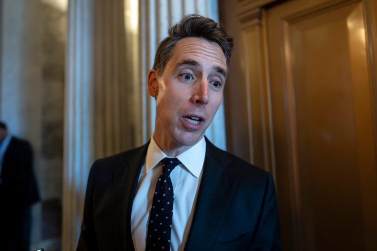 Sen. Josh Hawley (R-MO), a member of the Senate Judiciary Committee, talks to reporters as he arrives at the chamber for the final votes of the week at the Capitol in Washington, Thursday, June 15, 2023.