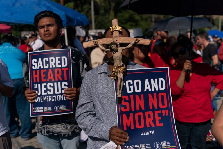 Thousands of Catholics gather to protest celebration of drag group at Dodger Stadium