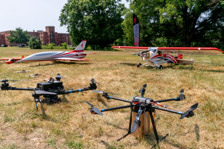 Drones are displayed during a counter-unmanned aircraft systems demonstration on Thursday, June 15, 2023, at the Department of Homeland Security's St. Elizabeths Campus in Washington.