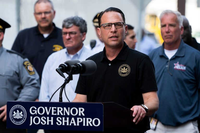 FILE - Pennsylvania Gov. Josh Shapiro speaks during a news conference following the collapse of an elevated section of Interstate 95 after a tanker truck caught fire, June 11, 2023, in Philadelphia.
