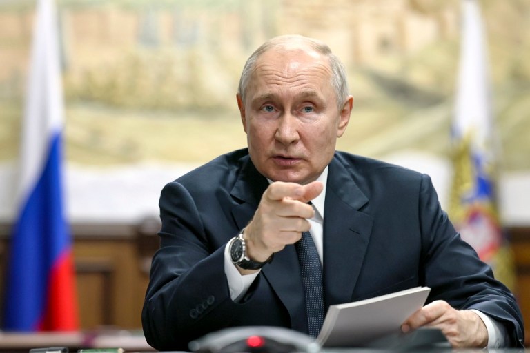 Russian President Vladimir Putin gestures as he speaks at a meeting on tourism development via videoconference during his working visit to Dagestan Republic, in Derbent, Russia, Wednesday, June 28, 2023. 
