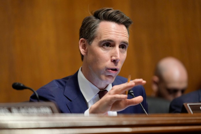 Sen. Josh Hawley (R-MO), ranking member of the Senate Judiciary Subcommittee on Privacy, Technology and the Law, speaks during a hearing on artificial intelligence, May 16, 2023, on Capitol Hill in Washington.