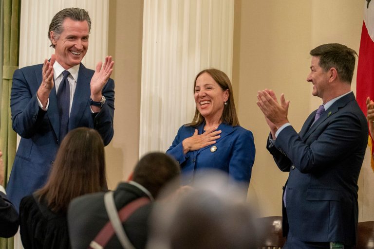 Lt. Gov. Eleni Kounalakis, center, is introduced at the swearing-in ceremony.