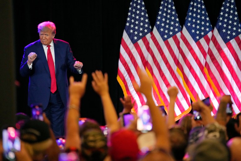 Former President Donald Trump motions after speaking at a campaign event, Saturday, July 8, 2023, in Las Vegas. 