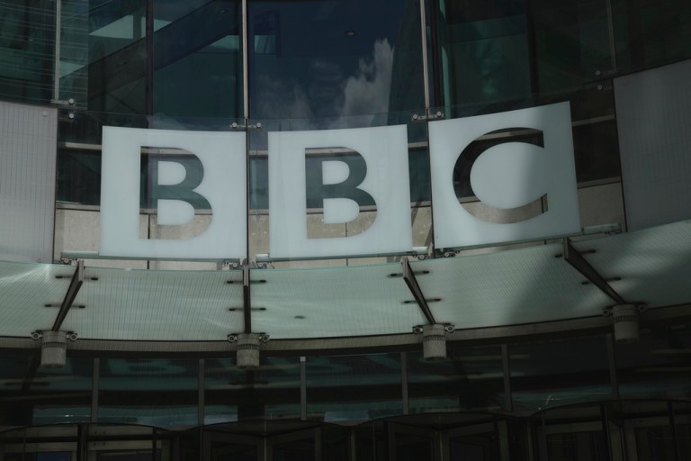 A logo of the BBC is seen at the BBC Headquarters in London, Britain, Tuesday, July 11, 2023. (AP Photo/Kin Cheung)