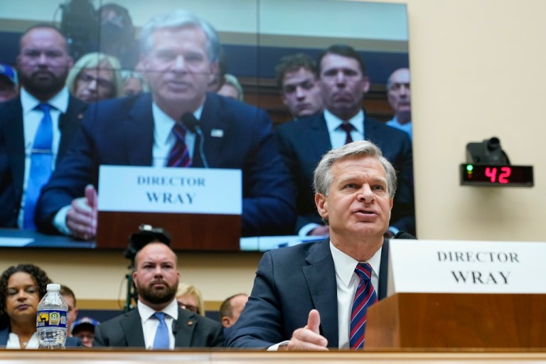 FBI Director Christopher Wray testifies before a House Committee on the Judiciary oversight hearing, Wednesday, July 12, 2023, on Capitol Hill in Washington.
