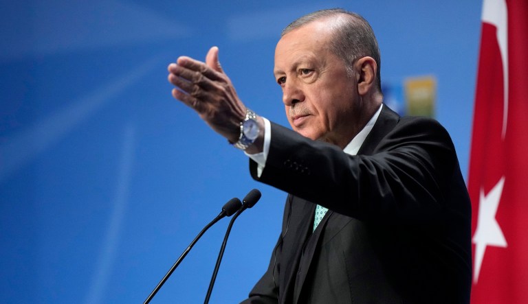 Turkish President Recep Tayyip Erdogan addresses a media conference during a NATO summit in Vilnius, Lithuania, Wednesday, July 12, 2023.