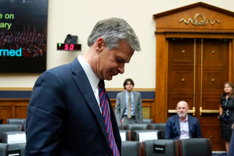 FBI Director Christopher Wray departs after testifying before a House Committee on the Judiciary oversight hearing, Wednesday, July 12, 2023, on Capitol Hill in Washington. 