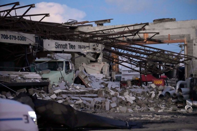 Damage is seen to the Sinnott Tree Service building in McCook, Illinois, Wednesday, July 12, 2023. A tornado touched down Wednesday evening near Chicagoâs OâHare International Airport, prompting passengers to take shelter and disrupting hundreds of flights. There were no immediate reports of injuries.