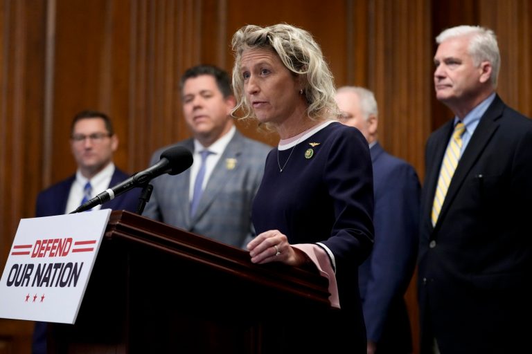 Rep. Jen Kiggans (R-VA) speaks during a news conference after the House approved an annual defense bill, Friday, July 14, 2023, on Capitol Hill.