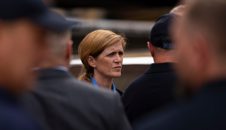 U.S. Agency for International Development Administrator Samantha Power, center, listens to Serhiy Kruk, Head of the State Emergency Service of Ukraine, before a news conference in Kyiv, Ukraine, Monday, July 17, 2023.