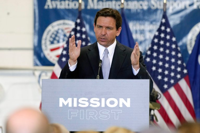 Florida Gov. Ron DeSantis rolls out his military policy proposal during an event for his 2024 presidential campaign on Tuesday, July 18, 2023, in West Columbia, S.C. 