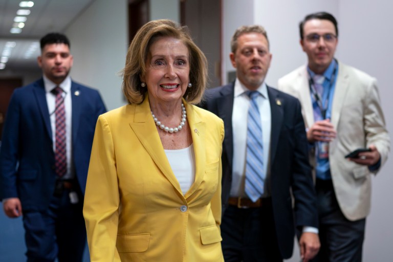 Former Speaker of the House Nancy Pelosi (D-CA) arrives for a closed-door Democratic caucus meeting at the Capitol in Washington on July 18, 2023. 