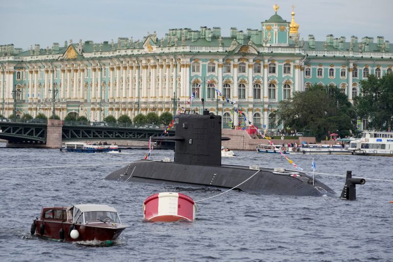 A submarine is anchored in the Neva River during preparations for the Naval parade in St. Petersburg, Russia, Tuesday, July 18, 2023. The celebration of Navy Day in Russia is traditionally marked on the last Sunday of July and will be celebrated on July 30 this year.
