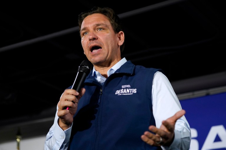 Republican presidential candidate Florida Gov. Ron DeSantis speaks during a meet & greet on July 27, 2023, in Chariton, Iowa. 