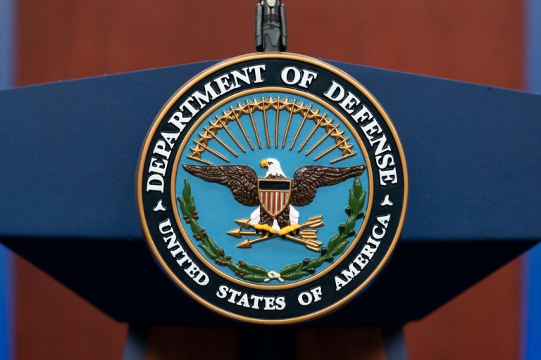 The seal of the Department of Defense is seen on the podium at the Pentagon, Sept. 27, 2022, in Washington. 