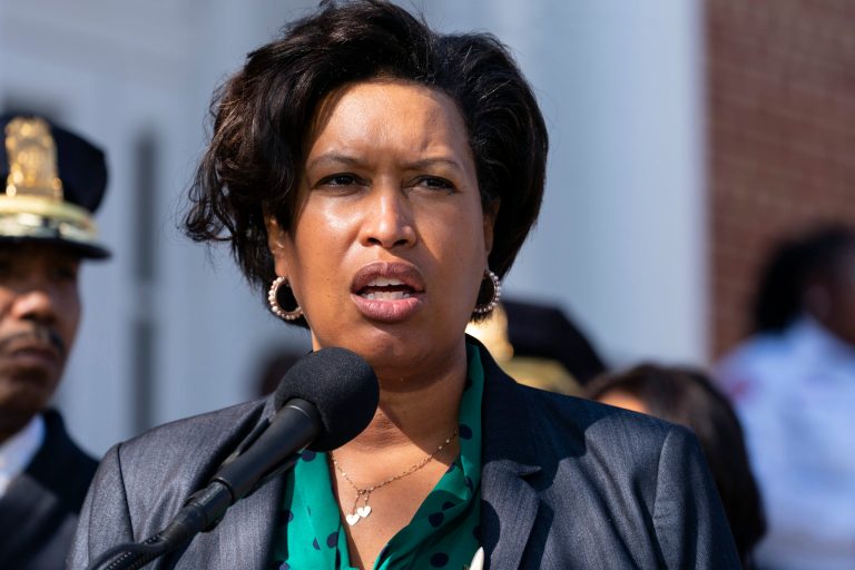 FILE - District of Columbia Mayor Muriel Bowser speaks during a news conference about the arrest of a suspect in a recent string of attacks on homeless people, March 15, 2022.