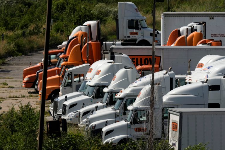 Yellow Corp. trucks are seen at a YRC Freight terminal Friday, July 28, 2023, in Kansas City, Mo. 