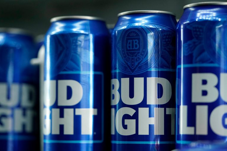 FILE - Cans of Bud Light beer are seen before a baseball game between the Philadelphia Phillies and the Seattle Mariners on April 25, 2023, in Philadelphia. (AP Photo/Matt Slocum, File)