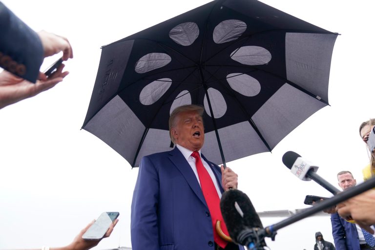 Former President Donald Trump speaks before he boards his plane at Ronald Reagan Washington National Airport, Thursday, Aug. 3, 2023, in Arlington, Virginia, after facing a judge on federal conspiracy charges that allege he conspired to subvert the 2020 election.