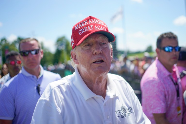 Former President Donald Trump greets supporters and sign autographs during the final round of the Bedminster Invitational LIV Golf tournament in Bedminster, N.J., Sunday, Aug. 13, 2023. 