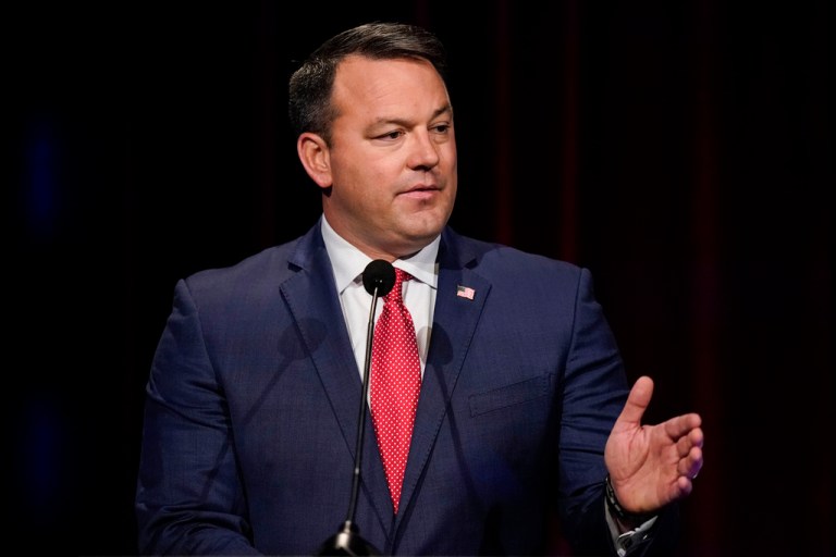 Burt Jones participates in a Republican primary debate, May 3, 2022, in Atlanta.