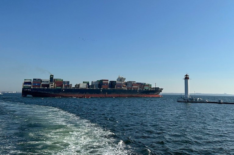 Container ship Joseph Schulte (Hong Kong flag) leaves the port of Odesa to proceed through the temporary corridor established for merchant vessels from Ukraine's Black Sea ports in Odesa, Ukraine, Wednesday, Aug. 16, 2023. 