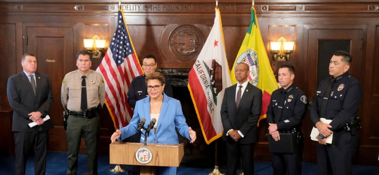 Los Angeles Mayor Karen Bass, joined by Los Angeles Police Department and regional law enforcement leaders, discusses new efforts to curb retail thefts, Thursday, Aug. 17, 2023, in Los Angeles.