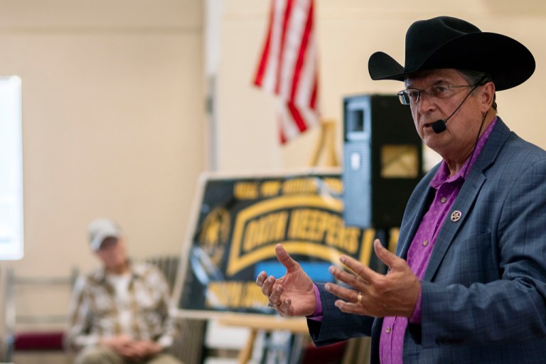 Constitutional Sheriffs and Peace Officers Association founder Richard Mack speaks to a crowd of about 100 people at a Yavapai County Preparedness Team meeting in Chino Valley, Ariz., Oct. 8, 2022. Mack regularly speaks at events and trainings for the public, law enforcement, and county officials. (Isaac Stone Simonelli/Arizona Center for Investigative Reporting via AP)