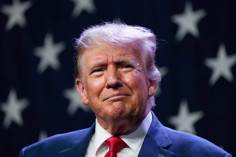 Republican presidential candidate former president Donald Trump speaks at the Republican Party of Iowa's 2023 Lincoln Dinner in Des Moines, Iowa, July 28, 2023.