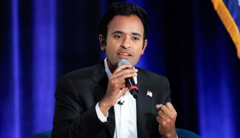 Republican presidential candidate businessman Vivek Ramaswamy speaks at an event in St. Clair Shores, Mich., Monday, Aug. 14, 2023.