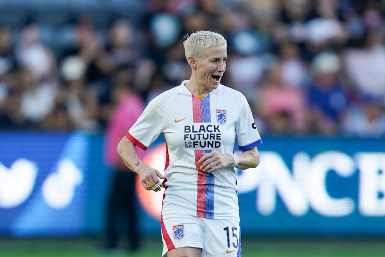 OL Reign forward Megan Rapinoe reacts after scoring off a penalty kick during the second half of an NWSL soccer match against the Angel City FC, Sunday, Aug. 27, 2023, in Los Angeles.