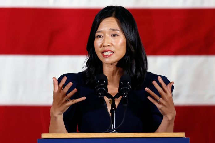 FILE - Boston Mayor Michelle Wu speaks during a Democratic election night party, Nov. 8, 2022, in Boston. (AP Photo/Michael Dwyer, File)