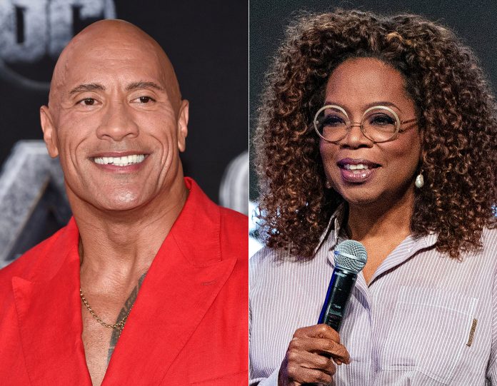 Dwayne Johnson attends the world premiere of "Black Adam" in New York on Oct. 12, 2022 (left), and Oprah Winfrey appears at the Essence Festival of Culture in New Orleans on June 30, 2023. Johnson and Winfrey have committed $10 million to make direct payments to people on Maui who are unable to return to their homes because of the wildfires. 