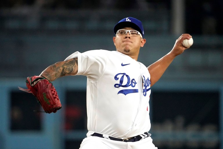 Los Angeles Dodgers starting pitcher Julio Urias throws to the plate during the first inning of a baseball game against the Atlanta Braves on Friday in Los Angeles. 