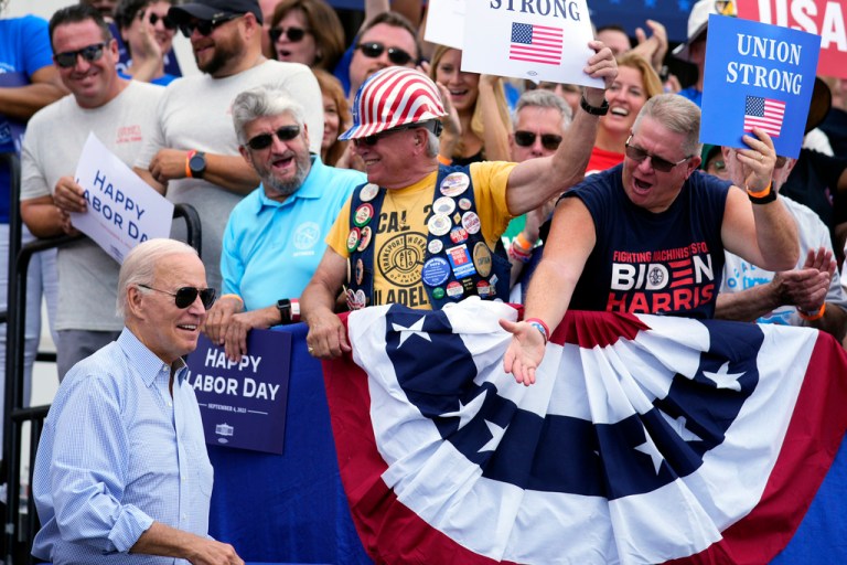 President Joe Biden arrives to speak during a Labor Day event at the Sheet Metal Workers Local 19, in Philadelphia, Monday, Sept. 4, 2023. 