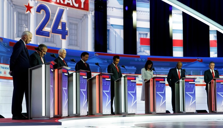 DeSantis earns center podium at second GOP debate, flanked by Haley and Ramaswamy