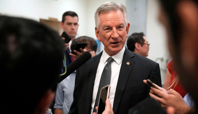 Sen. Tommy Tuberville (R-AL) talks with reporters as he walks to a vote on Capitol Hill, Wednesday, Sept. 6, 2023, in Washington.