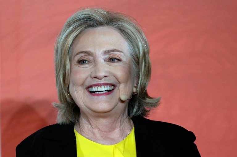 Former Secretary of State Hillary Clinton talks during the International Women's Day in Abu Dhabi, United Arab Emirates, March 8, 2023. 